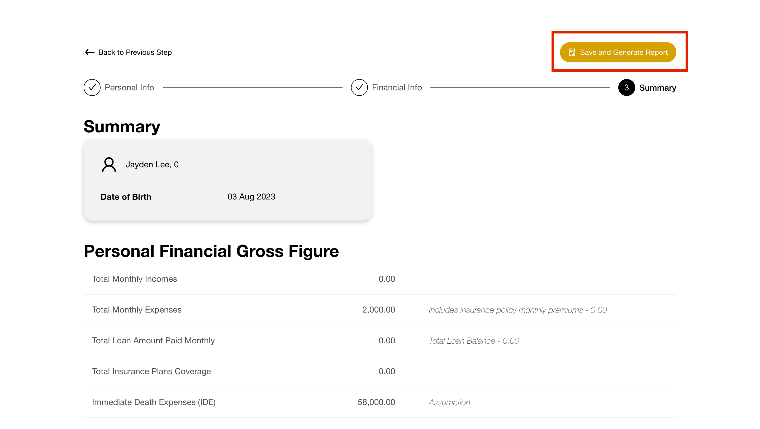 New Advisee Step 3 - Click save and generate report