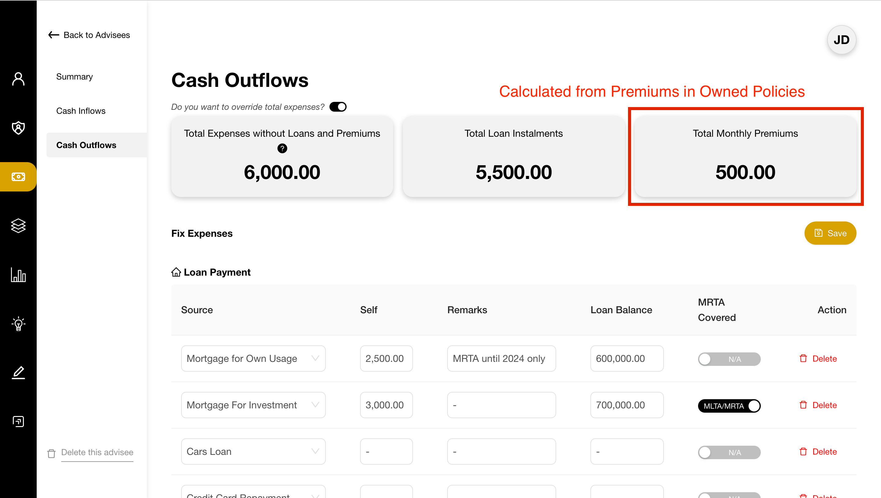 Premium Paid calculated from premiums in owned policies