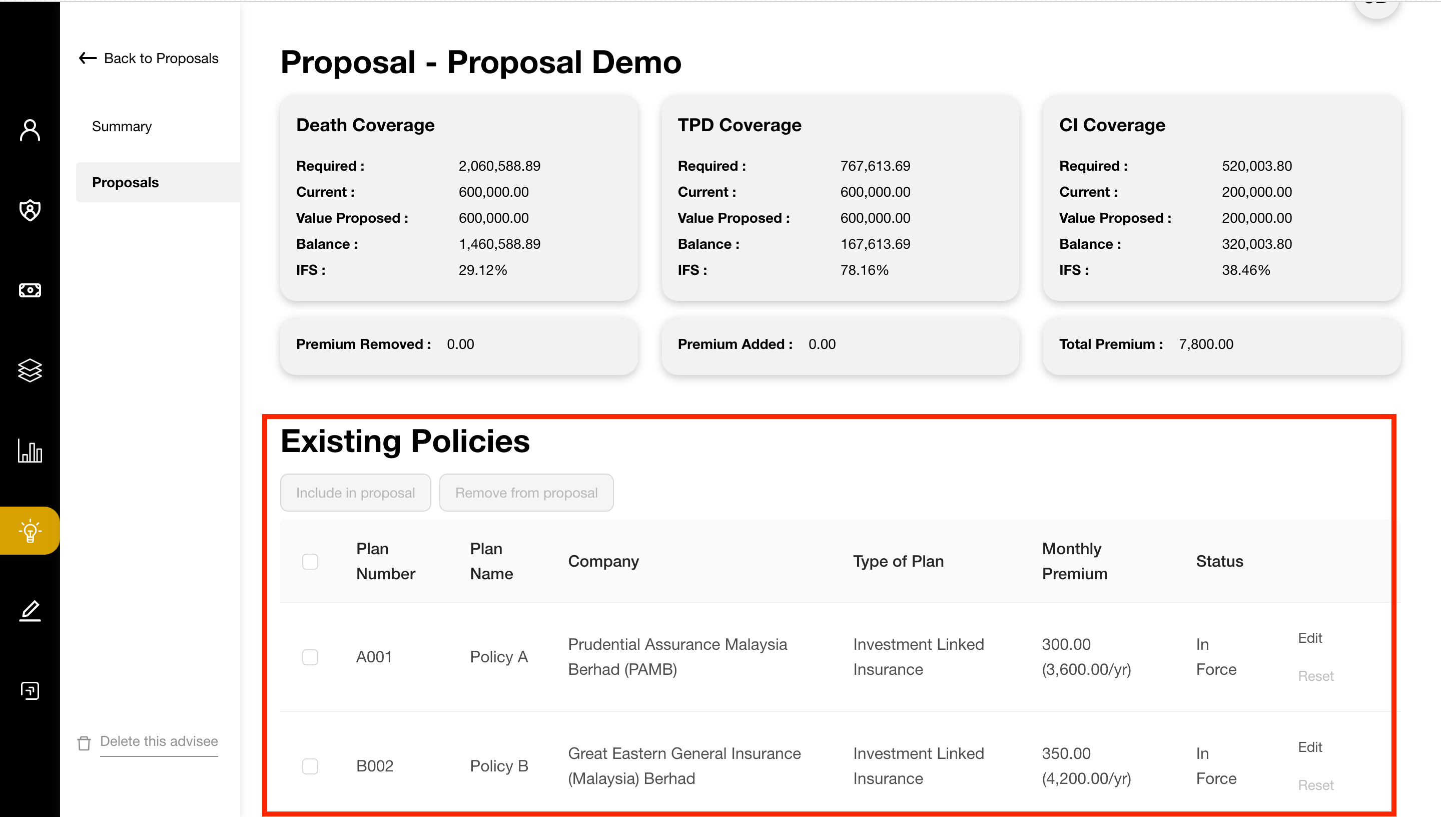 List of existing policy in solution proposal page